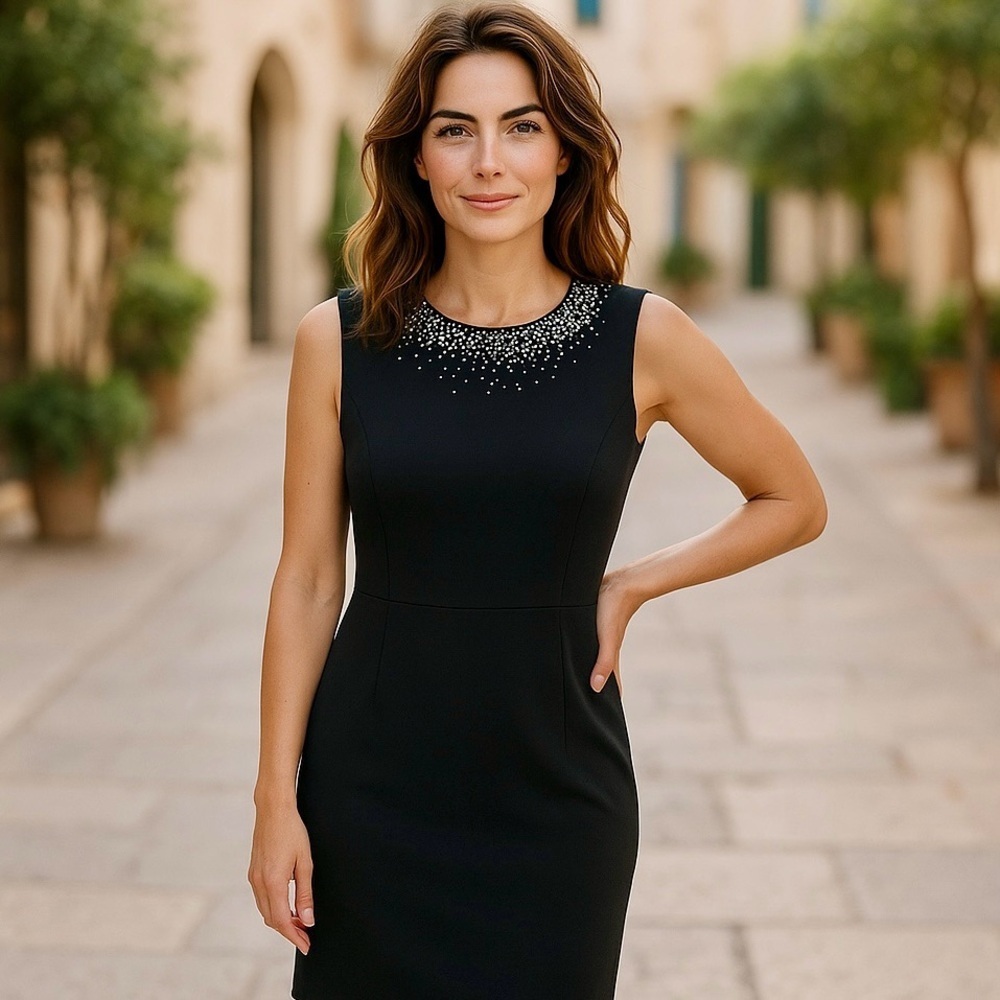 Calvin Klein Navy Blue and Crystal Embellished Short Sleeve Dress NWT SZ 12